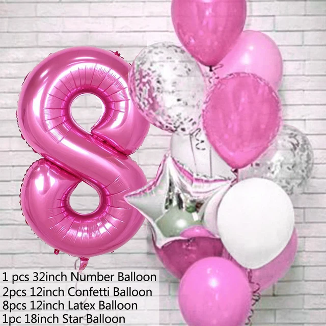 12pcs Pink Number Foil Balloon Birthday Party Decoration Latex Balloons Kids Baby Girl 1 2 3 4 5 6 7 8 9 Years Old 1st Birthday P-balloon number 8
