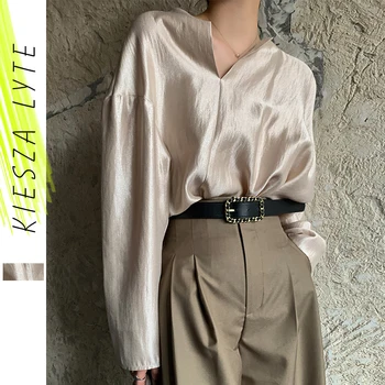 

Vintage elegant champagne shirt blouse for women 2020 New long sleeve irregular skew collar Ladies blouses and tops femme blusa