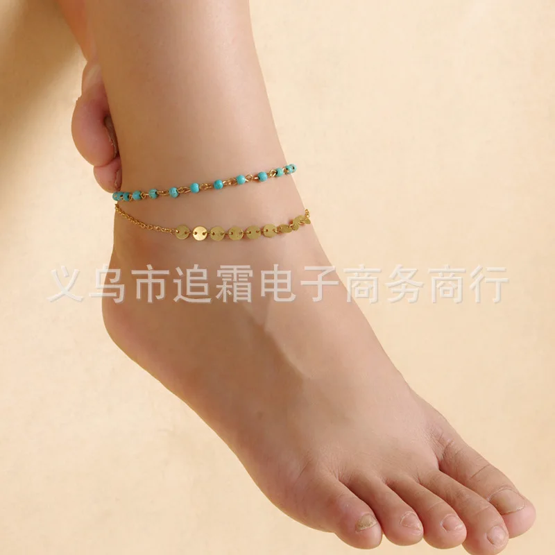 

Europe And America Accessories Simple Retro Summer Versatile Turquoise Beaded Bracelet Retro Sequin Double Layer Anklet K092