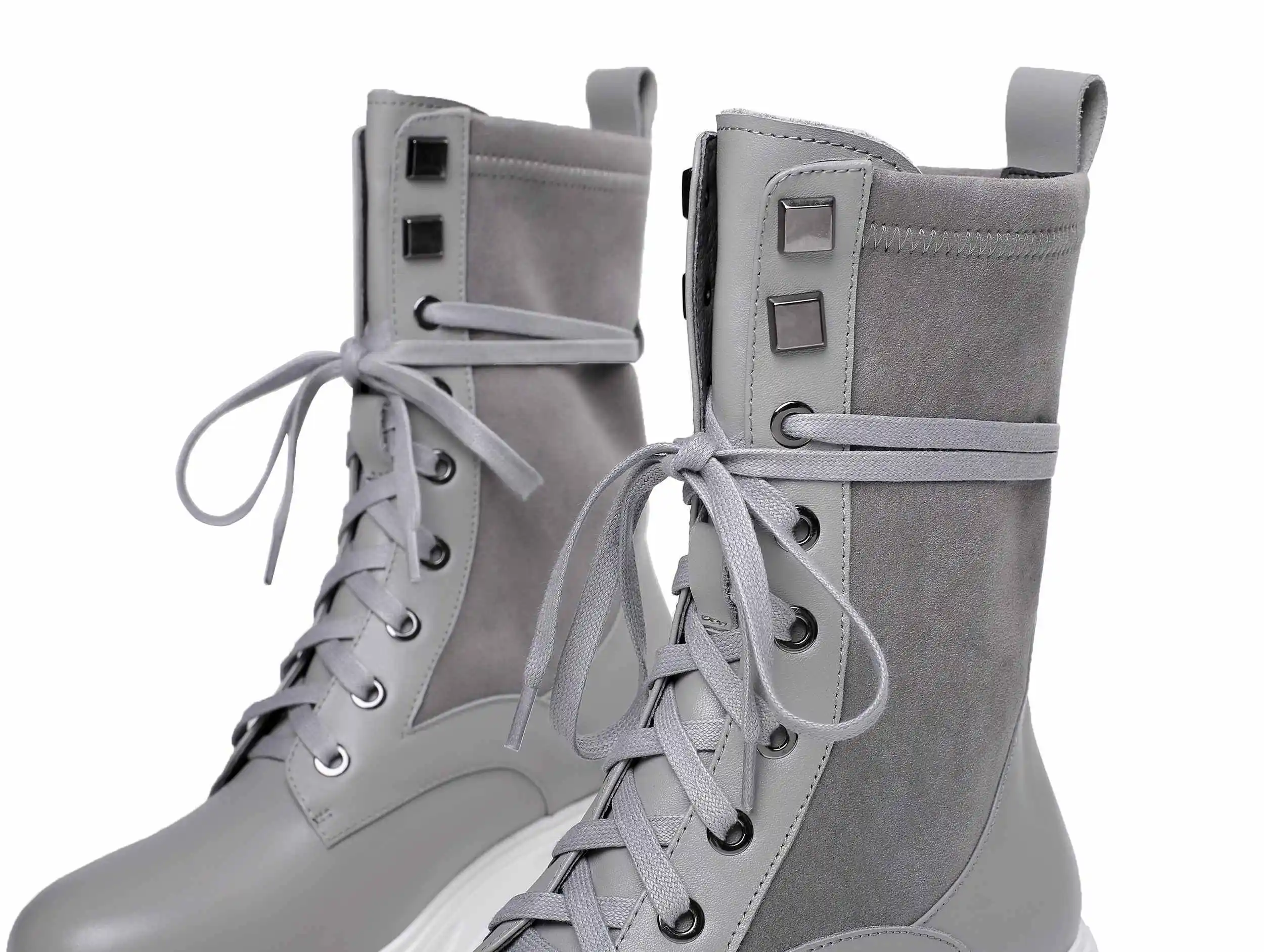 krazing pot cow leather round toe sweet med heel solid concise casual thick bottom lace up plus size stretch mid-calf boots l9f8