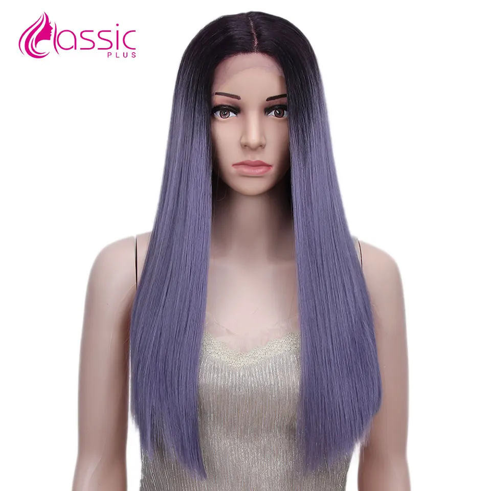 Classic Plus Ombre Synthetic Lace Front Wig Long Straight Hair Colored Wigs For Women Purple Pink Blue Ash Blonde Lace Front Wig