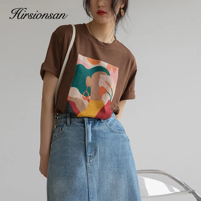Hirsionsan Aesthetic Printed T Shirts Women 2021 New Soft Vintage Loose Tees Abstract Graphic Cotton Tshirts Summer Casual Tops 3