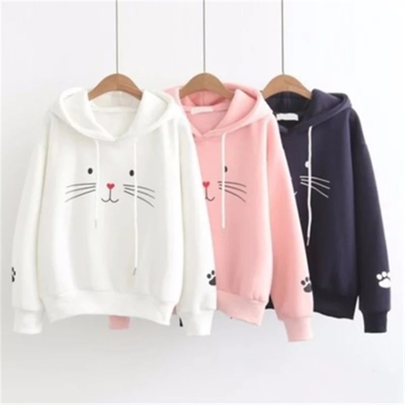 

Women Sweatshirt Hoodies Autumn Streetwear Cat Print Hoodie Clothes Korean Style Woman Stylish Casual Pullover Tops