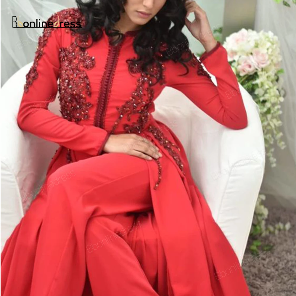 Bbonlinedress, марокканский кафтан, красные вечерние платья, с вышивкой, с аппликацией, длинное вечернее платье с длинным рукавом, вечерние платья в арабском мусульманском стиле
