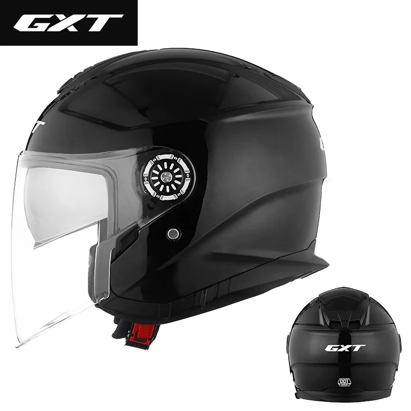 GXT мотоциклетный шлем DOT сертификация двойные линзы Половина лица Мото шлем 3/4 открытый лицо рыцарь защитный шлем - Цвет: Bright black