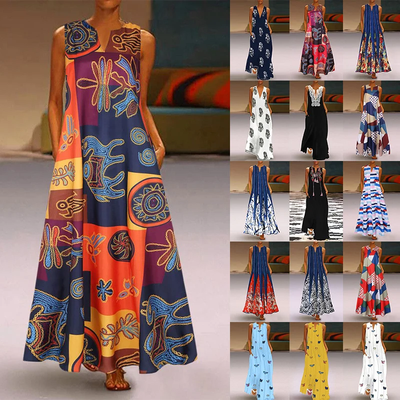 2021 Summer Dress Large Size Boho Beach Vintage Casual Loose Sleeveless Cotton-Blend Floral Long Maxi Party Dresses S-5XL | Женская