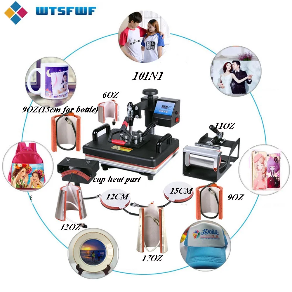  Freeshipping Wtsfwf 30*38CM 10 in 1 Combo Heat Press Machine 2D Thermal Transfer Machine for Cap Mu