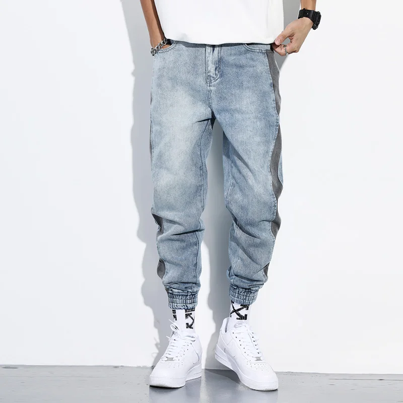 

Fashion Streetwear Men Jeans Light Blue Slack Bottom Denim Cargo Pants Black Stripe Spliced Designer Japanese Hip Hop Jeans Men