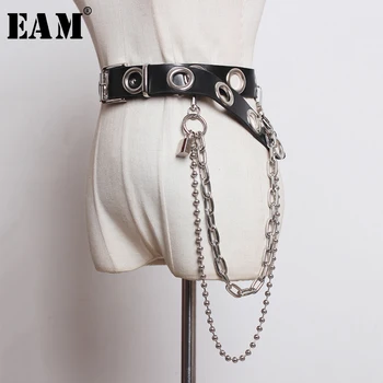 

[EAM] Pu Leather Black Hollow Out Chain Split Long Wide Belt Personality Women New Fashion Tide All-match Spring 2020 1N850