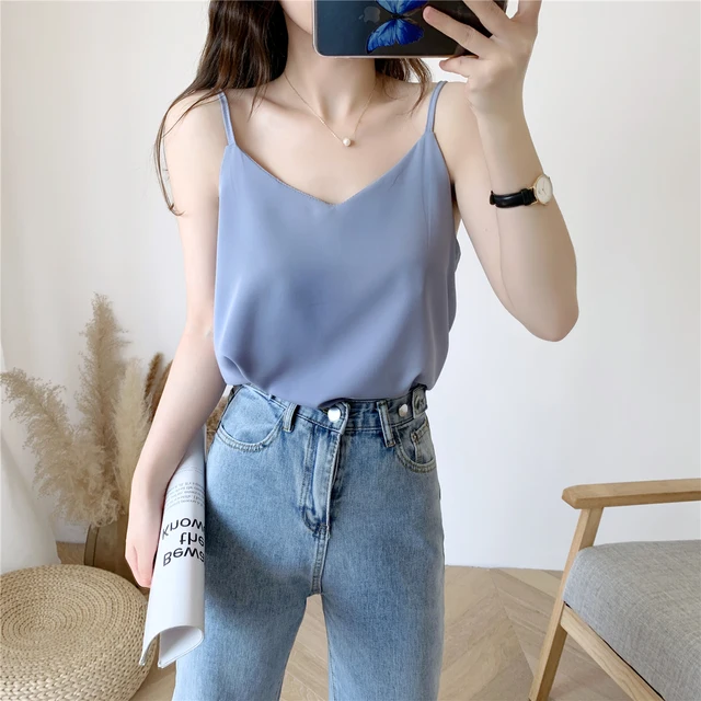 Korean Chiffon Top Women Woman V-neck Satin Tank Top Woman Sleeveless Vest Tops Tees Loose Sexy Women White Top Ladies Camis 856-Blue