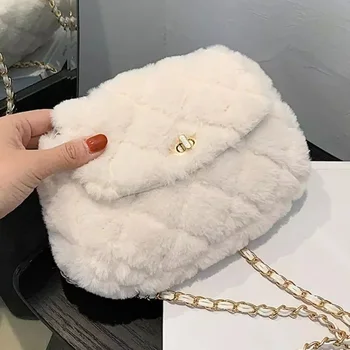 

Lattice Soft Plush Crossbody Bag 2020 New Winter Fashion Women's Designer Handbags And Purse Female Chain Shoulder Messenger Bag