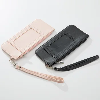 

KANDRA Black Pink Vegan Leather Wristlet Card Solts Card Organizer Slim ID Card Coins Wallet Women Zipper Purse Wholesale