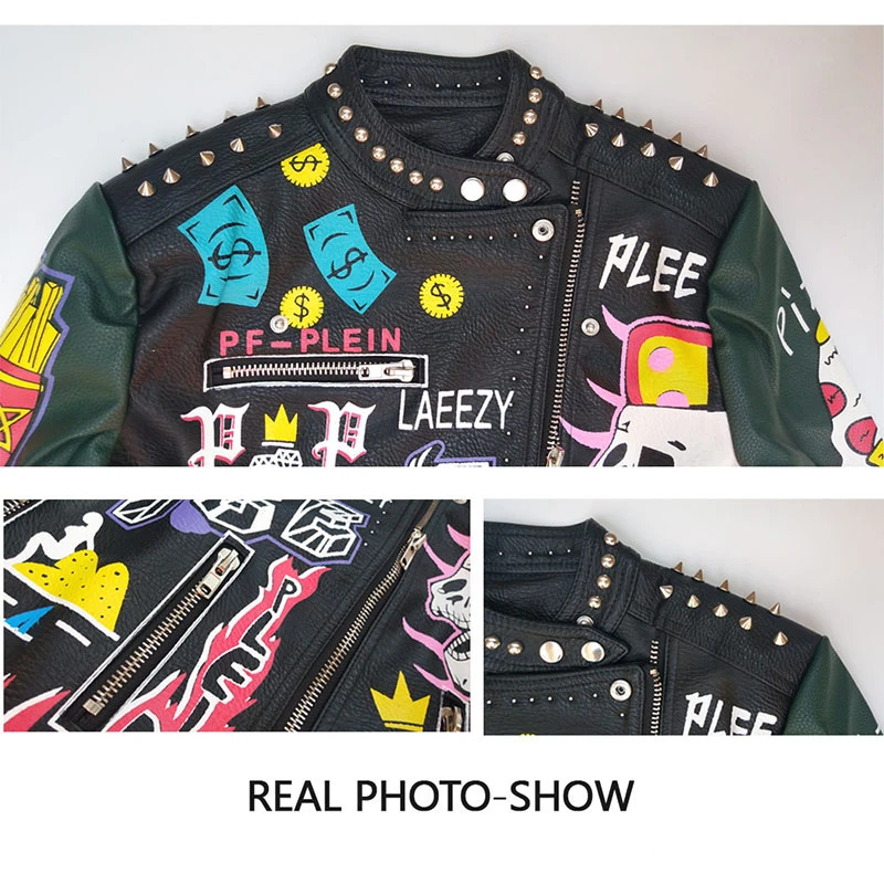 ZURICHOUSE Hip-hop Women's Leather Jacket Short Zipper Biker Coat Street Style Punk Rivet Motorcycle Faux Leather Jacket