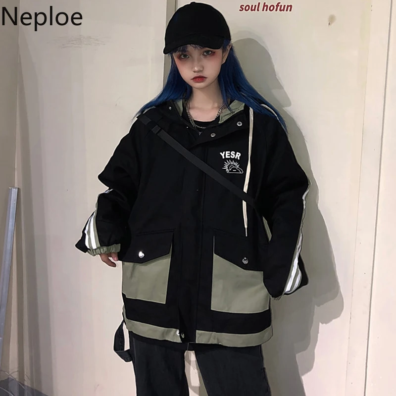 Neploe Korean Ins Harajuku Style Tooling Jacket Women Loose Bf Style Hooded Big Pocket Chaqueta Autumn Patchwork Casual Coat