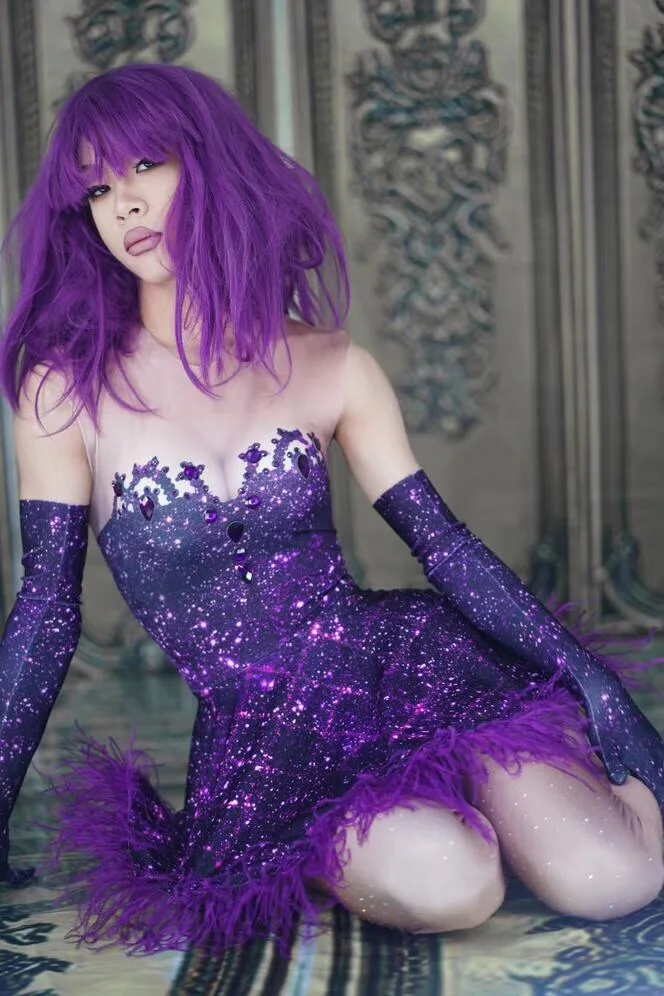 Nightclub Bar Party Show Stage Wear Performance Rave Clothes Purple Crystal Feather Mini Dress Sexy Women Ballroom Dance Costume |