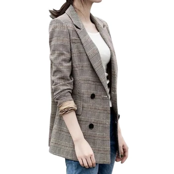 

Blazer Woman Plaid Print Full Sleeve Office Lady Notched Button Casual Women Blazers Button Decor