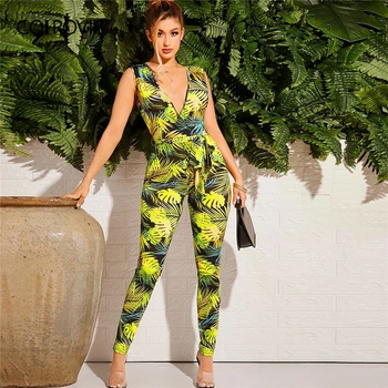 

COLROVIE Multicolor Plunging Neck Tropical Print Belted Jumpsuit Women 2020 Summer Sleeveless Mid Waist Boho Sexy Long Jumpsuits