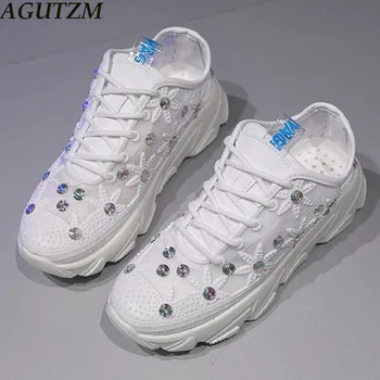 

2019 New Women's Shoes White Sneaker Women Platform Thin Bud silk Breathable Rhinestone Lace-up Summer Flower Ladies z75