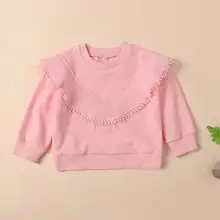 Красивый однотонный Свободный джемпер с оборками и длинными рукавами; Простые Топы для маленьких детей; осенний свитер для девочек