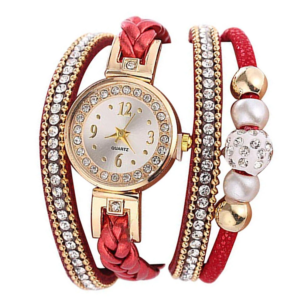 Брендовые модные женские часы, многослойные кварцевые часы, браслет, наручные часы, стразы, бисер, круглый циферблат, кнопка оснастки, relog feminino