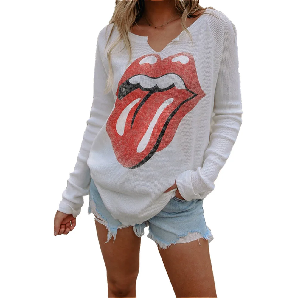 

Women's Long-Sleeved T-Shirt Loose Large Size Cartoon Lip Print Top Women's 2020 Autumn And Winter New Simple V-Neck T-Shirt