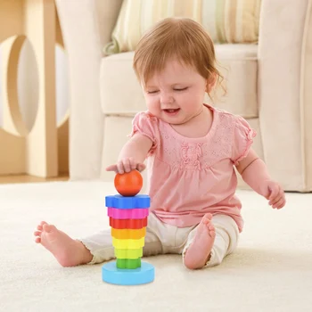 

Wooden Toy Rainbow Tower Ring Boy Baby Building Blocks Gift Wood And Coated With Non-Toxic Varnish And Waterborne Paint Blocks