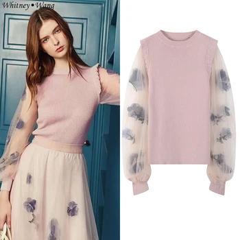 

WHITNEY WANG 2020 Spring Fashion Streetwear Florals Embroidery Mesh Sleeve Patchwork Sweater Women Jumper Pullover