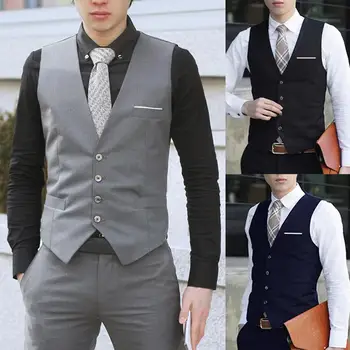

Business Men 4 Buttons V-Neck Sleeveless Waistcoat Working Wedding Vest Casual Sleeveless Formal Business Jacket men vest hot