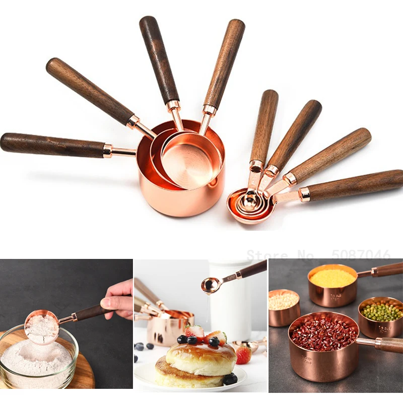 Walnut Wooden Handle Plated Copper Rose Gold Measuring Spoon Cups Kitchen Baking Supplies Bartending Measuring Tools Kitchen Set