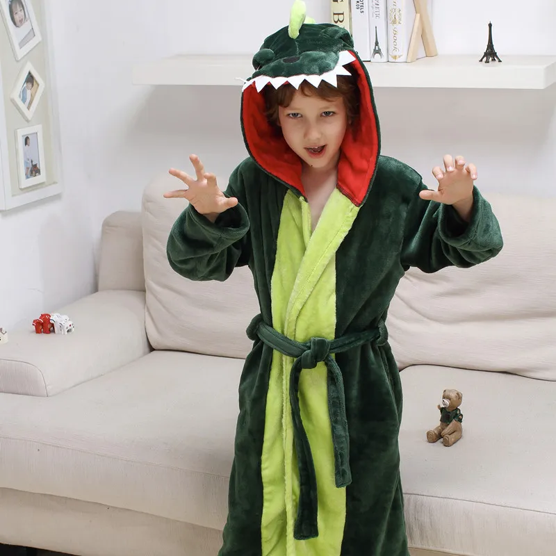 Cartoon Children Bathrobe for Boy Girls Pajamas Flannel Tiger Animal Hooded Bath Robe Baby Kids Home Wear Outfit Roupao Infantil - Color: Army green