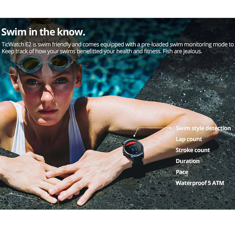 Смарт-часы Ticwatch E2, gps, спортивные часы, 5 АТМ, водонепроницаемые, для плавания, умные часы, фитнес, Bluetooth, умные часы, WiFi, Android, одежда
