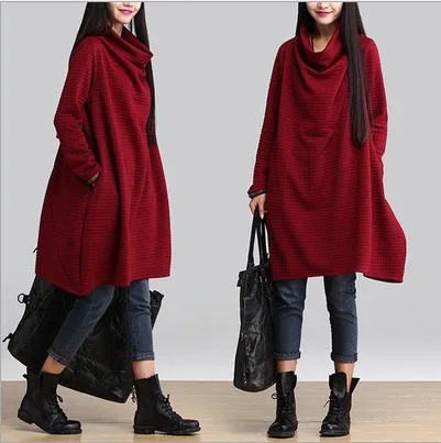 

2018 Spring And Autumn New Style Korean-style Large Size Dress Literature And Art Heap Collar Medium-length Dress Loose-Fit Slim
