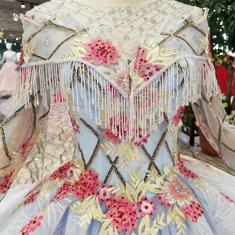 Женское вечернее платье с длинным рукавом круглым вырезом и цветами|Вечерние