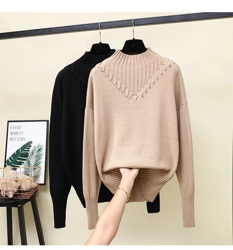 

2020 Autumn Winter New Women Sweater Blouse Pullover Casual Warm Sweater Thread Bandage Mock Neck Long Sleeve Plus Size Slim Top