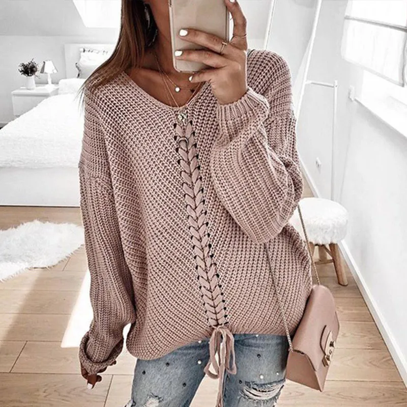 

Plus Size Knitted Women Pullover Sweaters V-Neck Lace Up Sweater Female 2019 Autumn Fall Patchwork Loose Casual Ladies Clothing