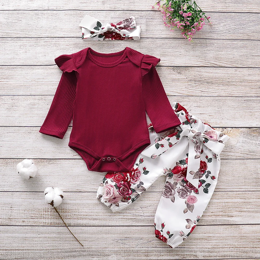 Комплект одежды из 3 предметов; комбинезон для новорожденных маленьких девочек; боди; комбинезон; топы с цветочным принтом; Halen; штаны; комплект одежды повязка на голову с бантом; D25 - Цвет: Wine Red