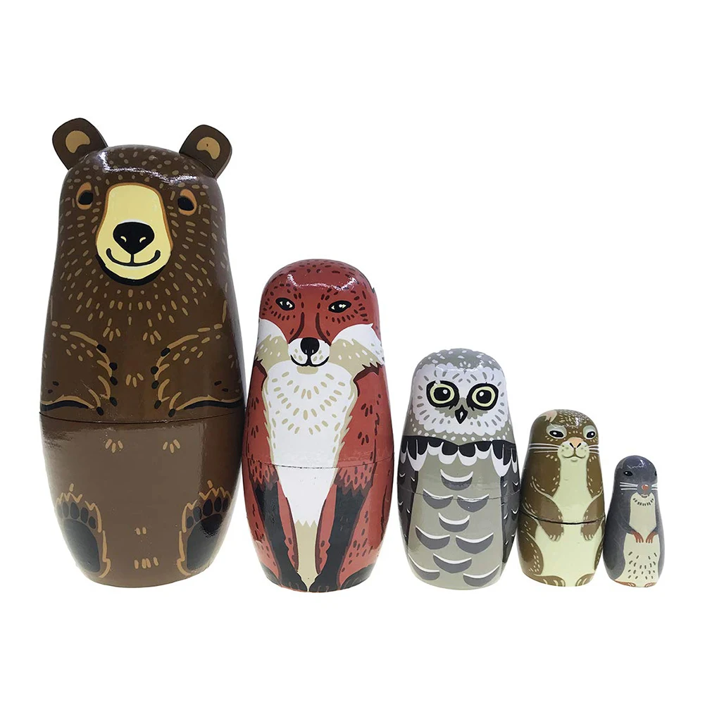 5Pcs/Set Cute Bear Fox Animal Wooden Russian Matryoshka Dolls 