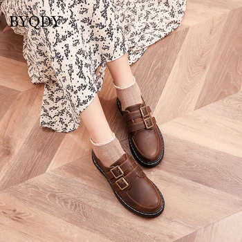 

BYQDY Fashion PU Leather Woman Loafers Round Head Handmade Metal Buckle Shoes Soft Leather Slip on Woman Boat Shoes Plus 41-43