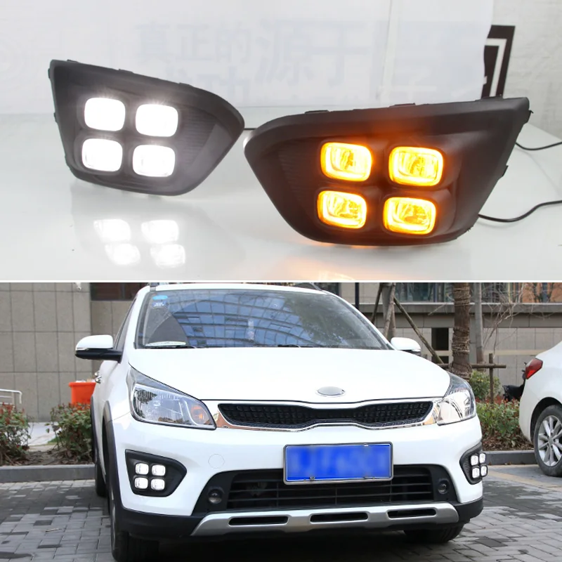 

12V Car LED DRL Daylights For Kia Rio X-line 2018 2019 Yellow Turn Signal Daytime Running Headlamps Auto Driving Lamp