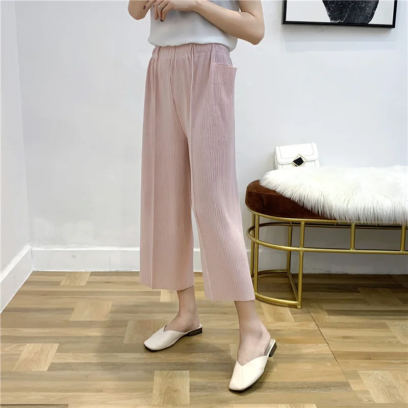 Новинка MIYAKE, плиссированные прямые брюки, женские свободные брюки большого размера с карманами и складками - Цвет: Розовый