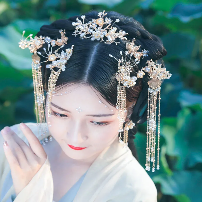 QIANJI китайский головной убор Hanfu для невесты, полный набор волос с бахромой, Шпилька с кисточками, антикварные аксессуары для волос с аксессуарами