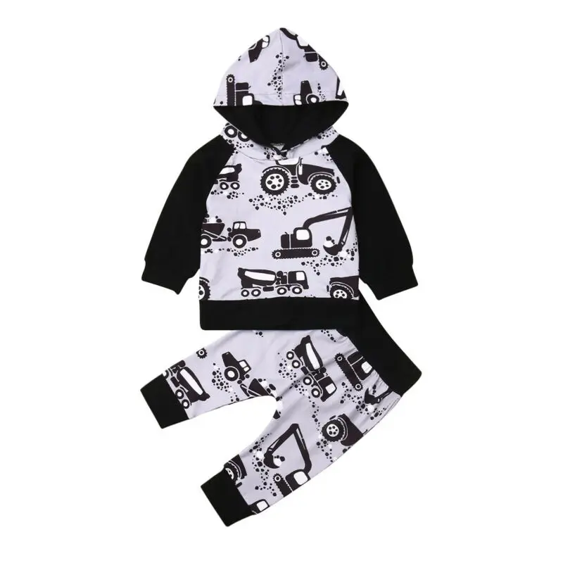 Одежда для маленьких мальчиков 2 предмета, футболка с капюшоном для новорожденных мальчиков топы+ длинные штаны с машинками, одежда для детей от 0 до 24 месяцев