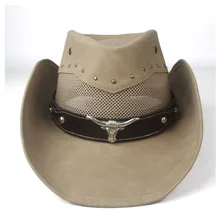 Кожа для мужчин и женщин сетка западная ковбойская шляпа широкая шляпа Открытый Sombrero Hombre Женская Ковбойская шляпа ремень коровьей кожи