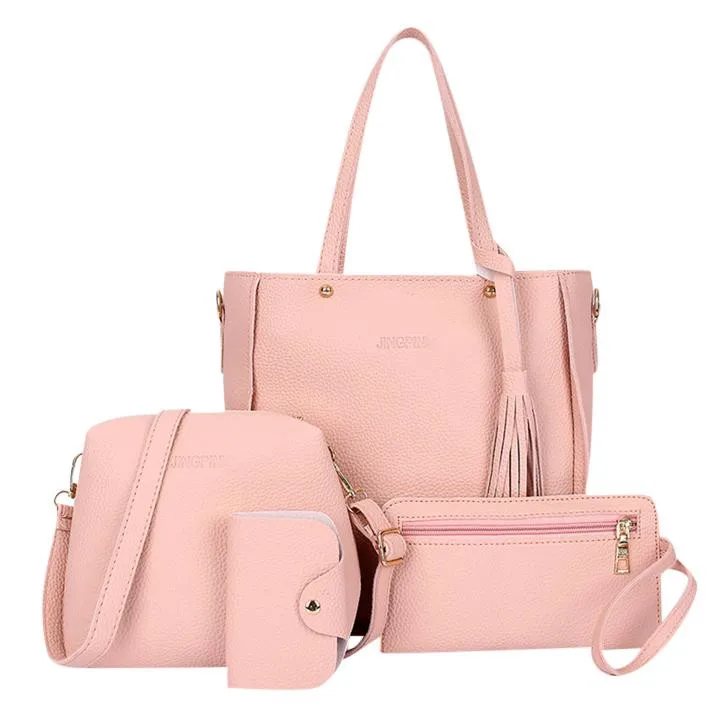 4 комплекта сумок для женщин, сумка через плечо, сумка-тоут, кошелек, кожаная женская брендовая сумка-мессенджер, роскошные сумки, женская дизайнерская сумка на плечо - Color: Pink