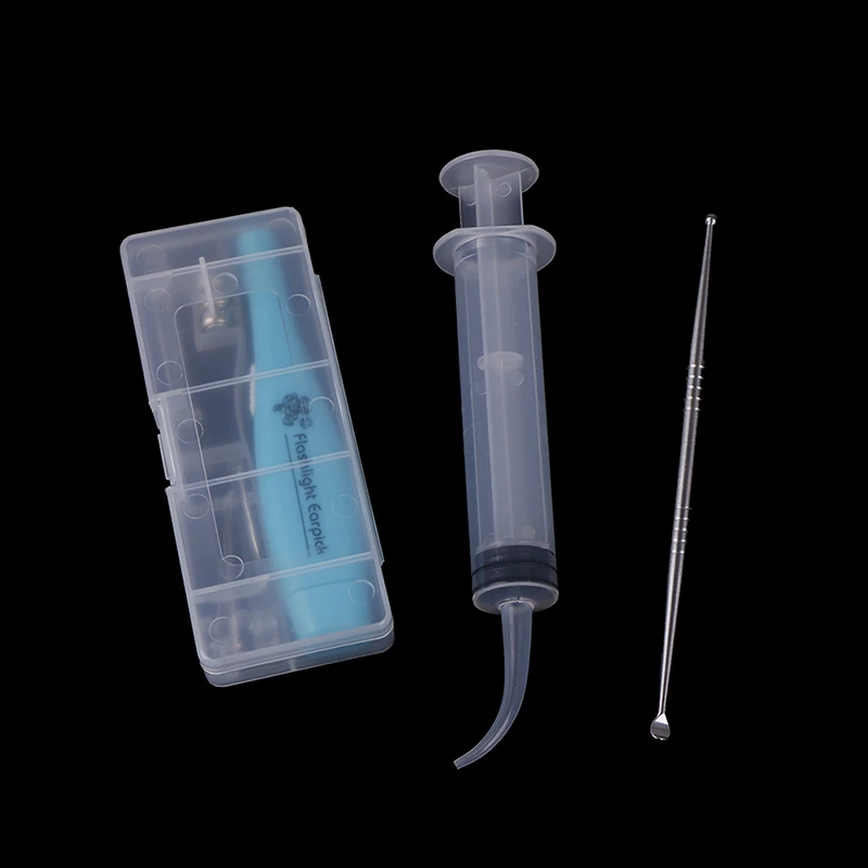 1Set LED Light Ear Wax Syringe Ear Scoop Remover Stainless Earpick With 3 Tips Irrigator Syringe Tonsil Stone Remover Tools
