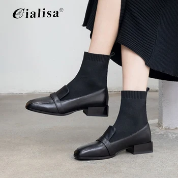 

CIALISA Women Shoes New Design Low Heel Round Toe Slip On Boot Autumn Winter Black Genuine Leather Ankle Boots For Women