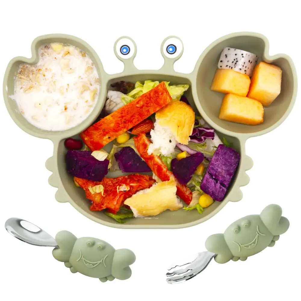 

3pcs Food Grade Silicone Baby Dishes Set Plate Spoon Fork Non-Slip Toddler Self-Feeding Tableware Cute Baby Gift