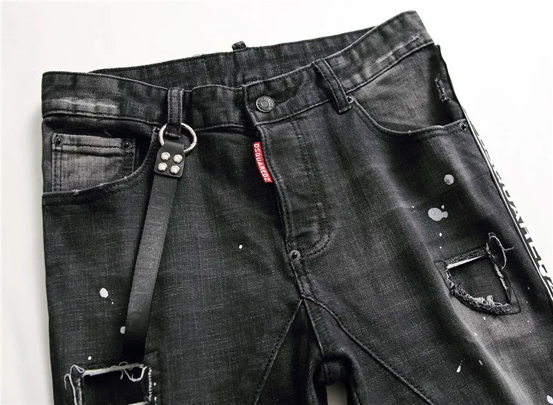 Dsq европейские джинсы италия брендовые черные джинсы мужские облегающие джинсы пэчворк с буквами мото& байкерские джинсы брюки черные рваные джинсы для мужчин