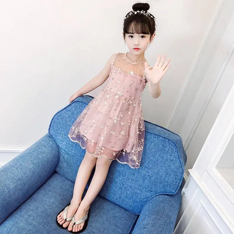 

Girl Dress Summer Children Clothing Fashion Sleeveless Kids Princess Mesh Dresses for Girls Clothes Embroidery 8 10 12 14 years