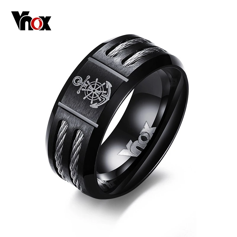 Vnox Men's Rudder Ring Personalize Cool Black Stainless Steel Wia Men Jewelry dropshipping Unique Male Gift